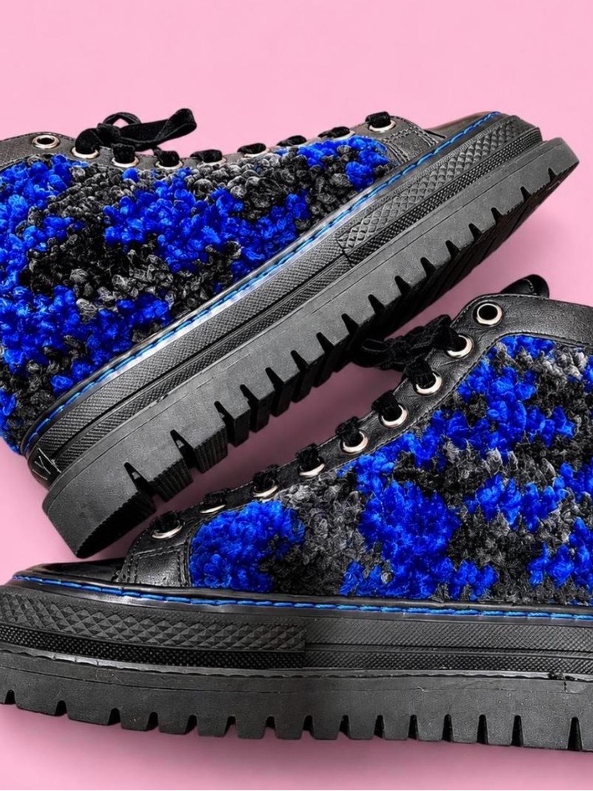 Krojay Handmade Blue And Black Textured High-Top Sneakers/Boots